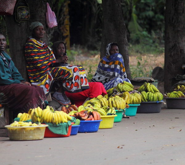 Women selling bananas in an outdoor market in Tanzania